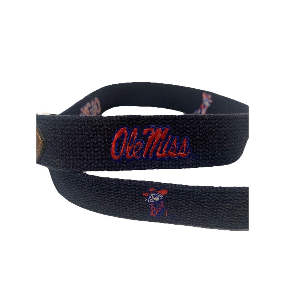 Ole Miss Rebels With Colonel Reb Embroidered Canvas And Leather Belt Size 34